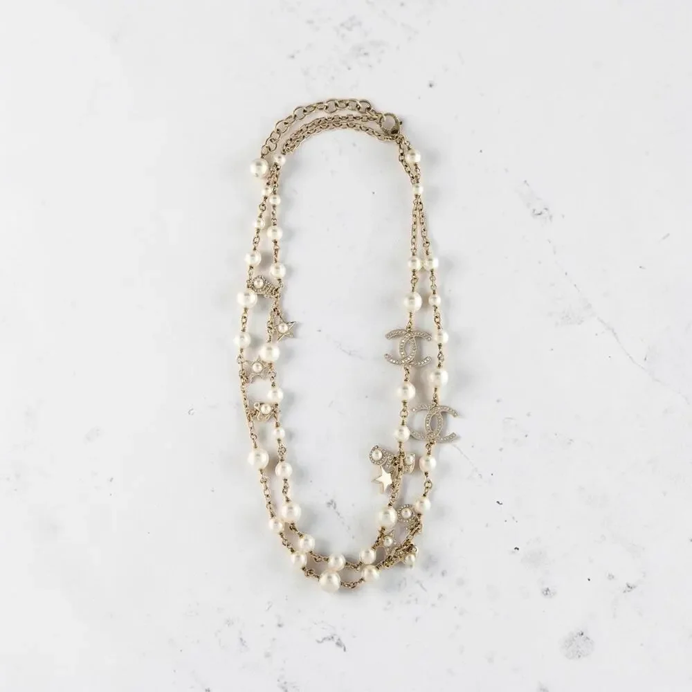 Chanel Gold-tone Faux Pearl Strass Interlocking CC Logo Long Station
